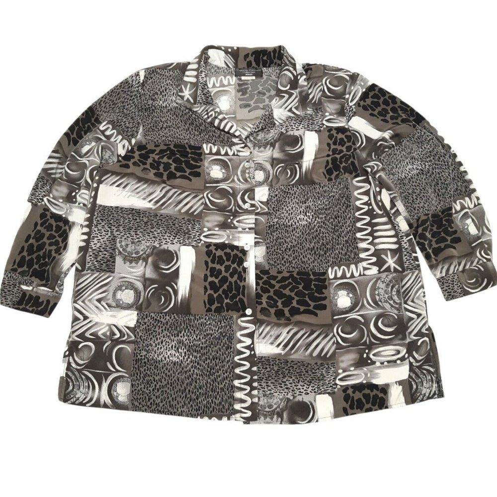 California Concepts Blouse Womens 24 Gray Animal Print Button Up Patchwork Top
